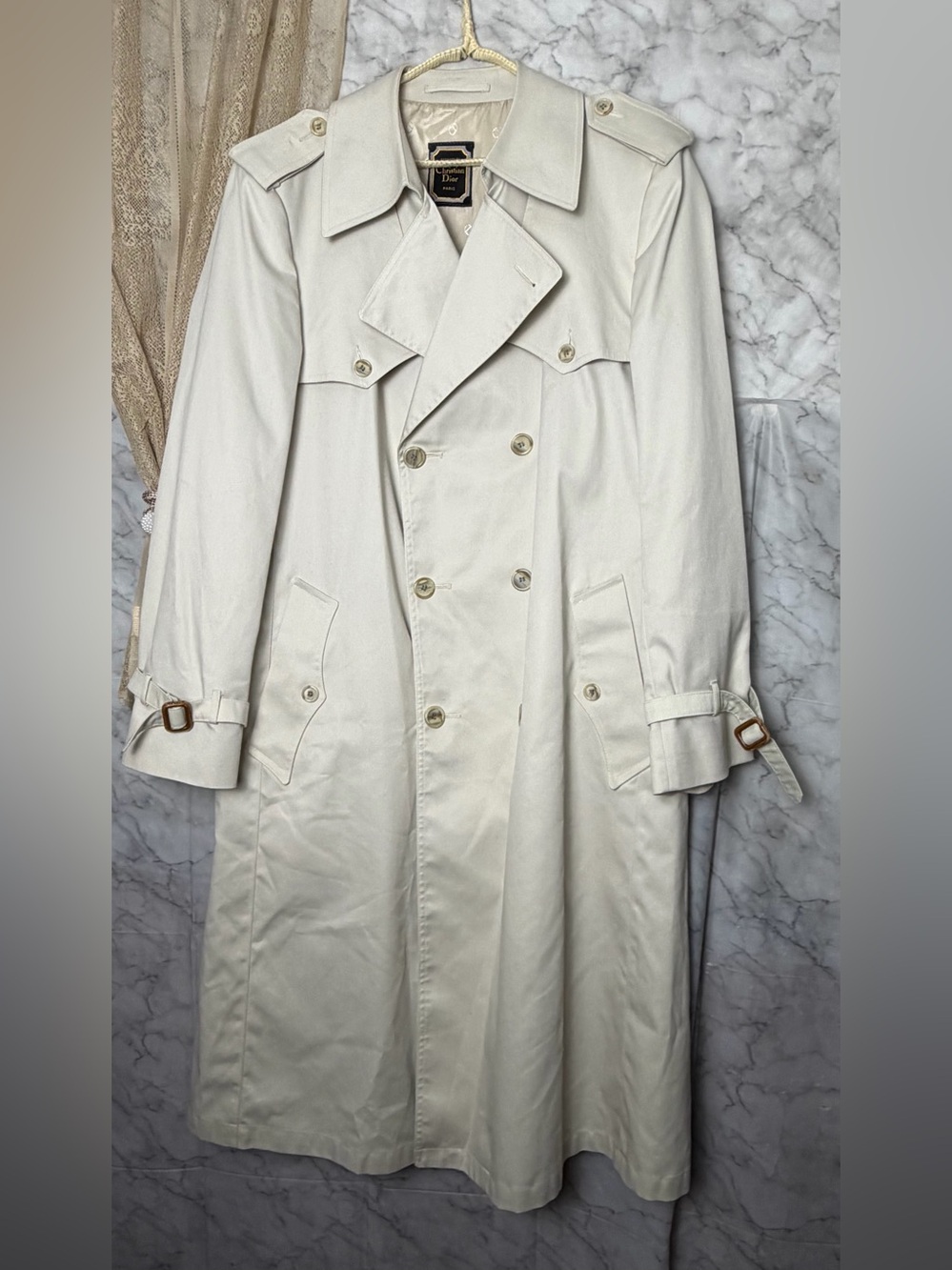 Vintage Christian Dior Men's 44L Trench Coat Gleneagles USA Ivory FLAWED